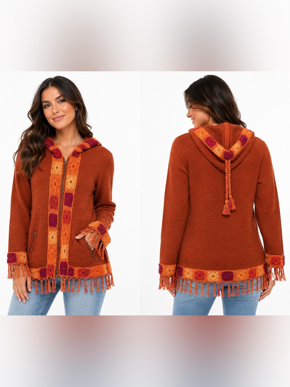 Kathmandu Imports Boho Crochet Patchwork Fringe Pixie Hood Zip Up Jacket L